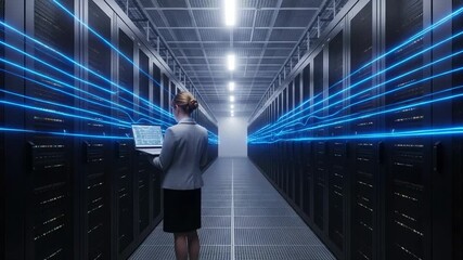 A woman in a suit stands in a server room holding a laptop with glowing blue data streams flowing around her - Powered by Adobe