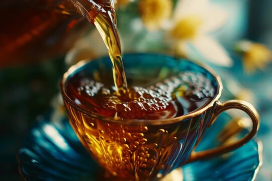 Closeup of tea being poured from a teapot into a blue glass cup.