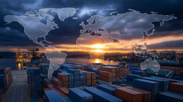 Vast field stacked with colorful shipping containers under a dramatic sky, overlaid with a semi-transparent world map silhouette highlighting major trade routes, symbolizing the gl