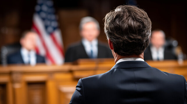 Focus on the back of a man in a black suit in a congressional hearing room. The American flag waves solemnly, while a judge and attorneys engage in discussion on either side of the