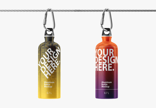 Metal sport bottle Mockup hanging on a cord with a carabiner