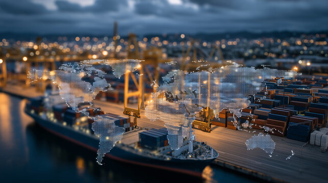 Evening shot of a container yard with lights glowing warmly, and a translucent world map graphic highlighting international trade corridors affected by tariff policies and supply c