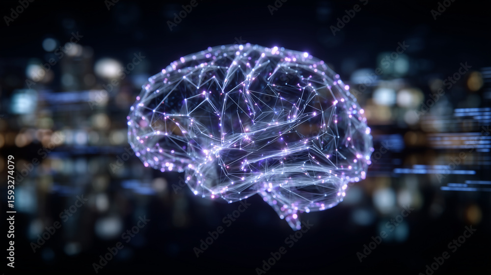 Poster neural connections in a glowing brain, illustrated with vibrant lines and nodes forming a mesh of li