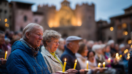Soft light from dozens of candles held by a diverse group of people reflects gently on the churchâs aged stone faÃ§ade. The dusky sky blends pink and blue hues, enhancing the serene