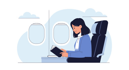 Woman Reading Book Enjoying Comfortable Flight Relaxing With Travel Entertainment