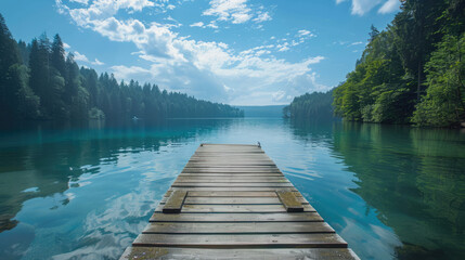 Wooden dock extending into a serene lake surrounded by lush green forests under a bright, cloudy sky.