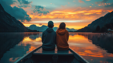 Sunset Serenity: A couple shares a quiet moment on a boat, surrounded by tranquil waters and stunning sunset hues.