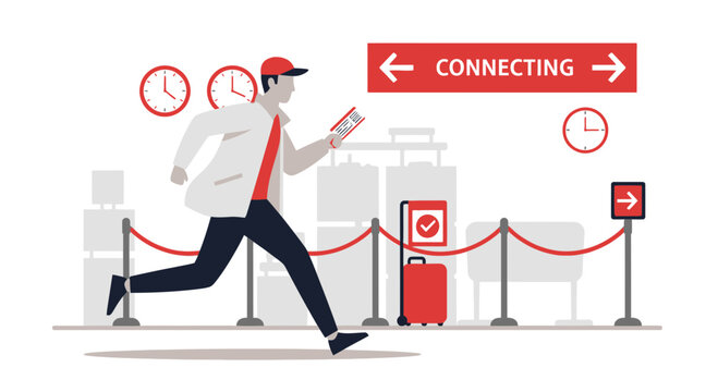 Urgent Connection Passenger Running Through Terminal Airport Conveying Travel Stress