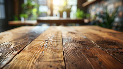 Rustic wooden table with warm sunlight, perfect for displaying products or adding natural texture.