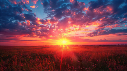 Fiery sunset illuminating a vast field, vibrant colors painting the sky with warmth and beauty of nature.