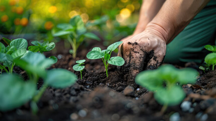 Hands planting small seedlings in soil, nurturing new growth in a garden setting with care.