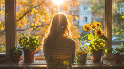 Woman gazing out the window, plants and sun shining creating a beautiful and calming scene.