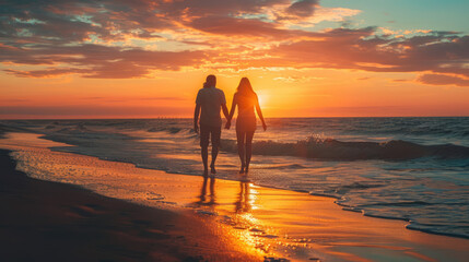 Couple walking hand-in-hand on a beach at sunset, enjoying the beautiful sky and ocean together.