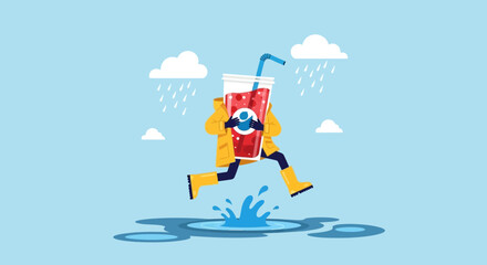 Obraz premium Refreshing Escape From Rainy Weather With Joyful Leaps And Hydration Adventure