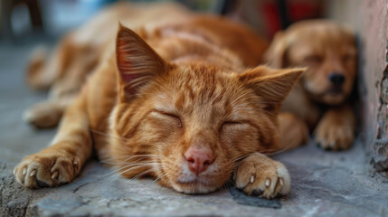 Orange cat and puppy sleeping peacefully, the ginger feline resting its head on its paws next to canine.