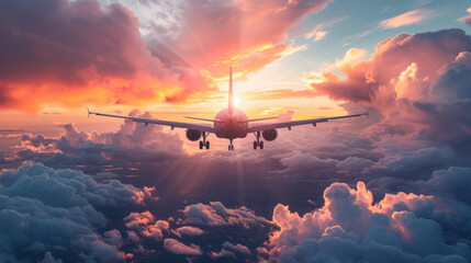 Airplane flying into the sunset over a blanket of clouds with sun rays shining through, calm, peaceful