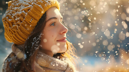 A woman with a cozy hat and scarf enjoys a snowy day with softly glowing bokeh in the background.