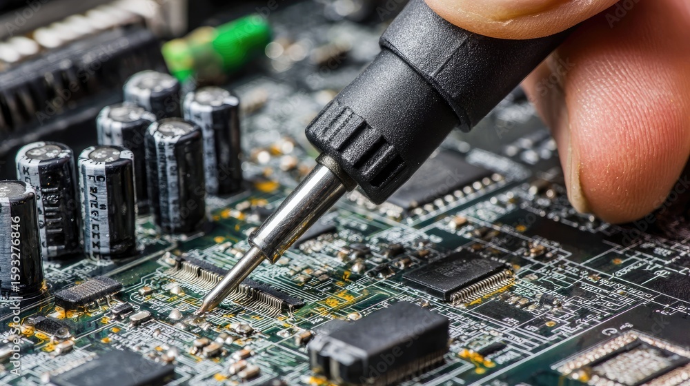 Aufkleber close-up of hand-held circuit tester probing pcb with visible solder joints and components