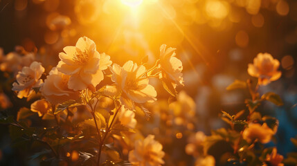 Golden blossoms bathed in sunlight, petals aglow with warmth, a serene floral scene. Dreamy & luminous.