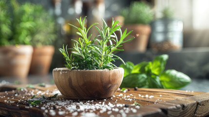 Fresh rosemary in wooden bowl, adding flavor to culinary creations, natural aroma, kitchen garden herbs.