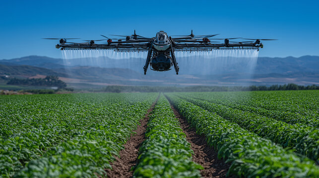 Agricultural aircraft flies in perfect alignment over neat rows of green crops, dispersing liquid fertilizer with precision. Clear blue sky and distant tree lines frame the high-te