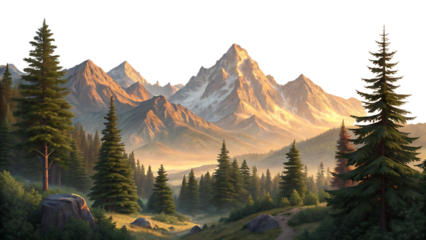 A scenic view of snow capped mountains and a forest with tall pine trees at sunset or sunrise created with generated ai