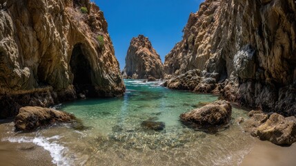 Beach cove surrounded by rocky cliffs and calm clear waters under bright sunlight