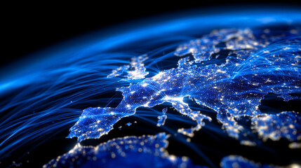 Dynamic glowing Europe map with city clusters highlighted in vibrant blue light, connected by smooth arcs of luminescent lines, representing seamless digital communication and futu