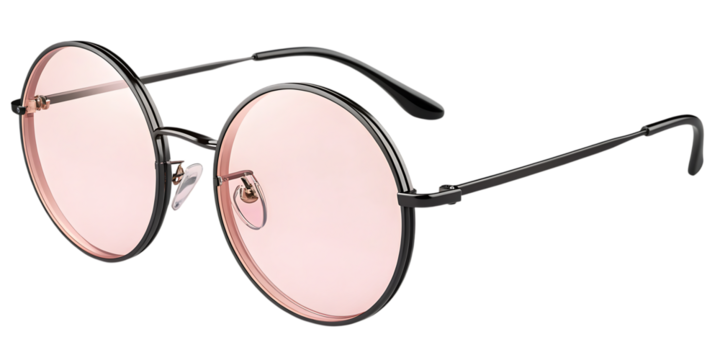 Close up shot of round eyeglasses with black frames and light pink lenses on a black background created with generated ai