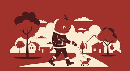 Whimsical Autumnal Stroll Man And Dachshund Walking Through Stylized Landscape