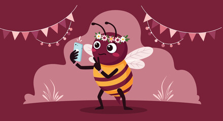 Obraz premium Whimsical Bee Capturing A Fun Selfie In A Festive And Decorative Setting