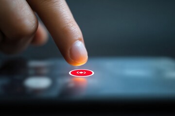 Close-up of a finger pressing a red play button on a smartphone screen, showcasing interaction with digital media in a modern, tech-savvy environment