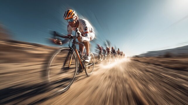 Fast cycling race with dynamic motion blur showing speed of road bikers competing on dusty road