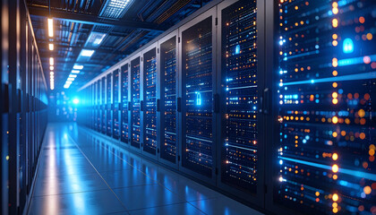 Data Center Corridor: A sleek, modern data center corridor bathed in cool blue and bright lights, showcasing rows of server racks housing powerful, high-tech computing infrastructure.