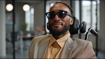 Professional african american businessman wearing stylish glasses working from wheelchair in contemporary corporate environment, representing workplace diversity and leadership - Powered by Adobe