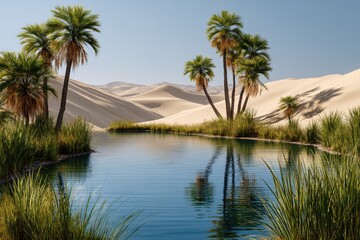 Serene oasis nestled among golden sand dunes under a clear blue sky revealing the beauty of nature's tranquility at sunset