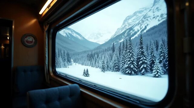 Scenic view from train window featuring snowy landscape with mountains and evergreen trees
