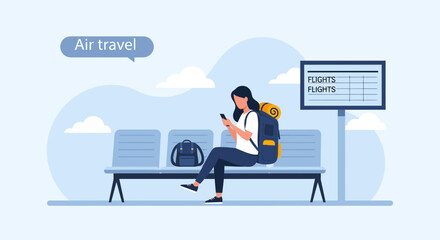 Fototapeta premium Young Woman Traveler Using Smartphone While Waiting Flight At Airport Terminal