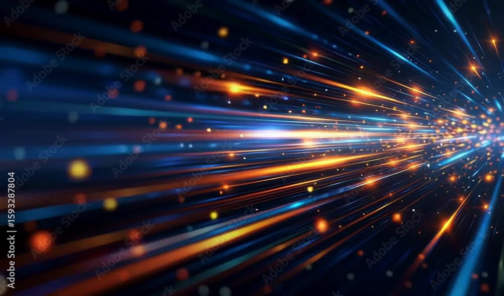 Poster blue background with glowing lines, a speed-of-light effect, and an abstract digital technology conc