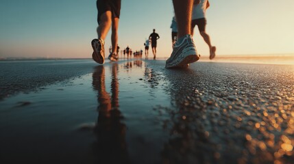 Beach running marathon with reflections shows fitness, stamina, sport lifestyle and exercise near ocean and sunset