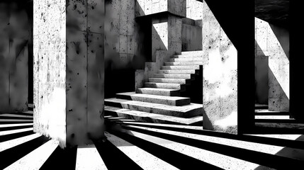 Monochrome concrete stairs pillars and striped floor. angular shadow. Illustration