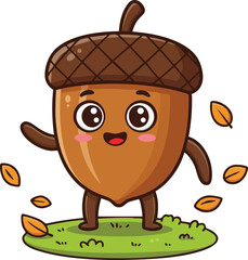Cute acorn cartoon character with happy face and autumn leaves on green grass vector illustration 