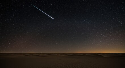Naklejka premium Celestial spectacle: Shooting star streaks over serene desert landscape at night