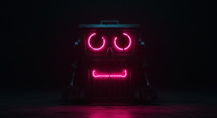 Futuristic neon trash can robot glowing in the dark with bright pink illumination