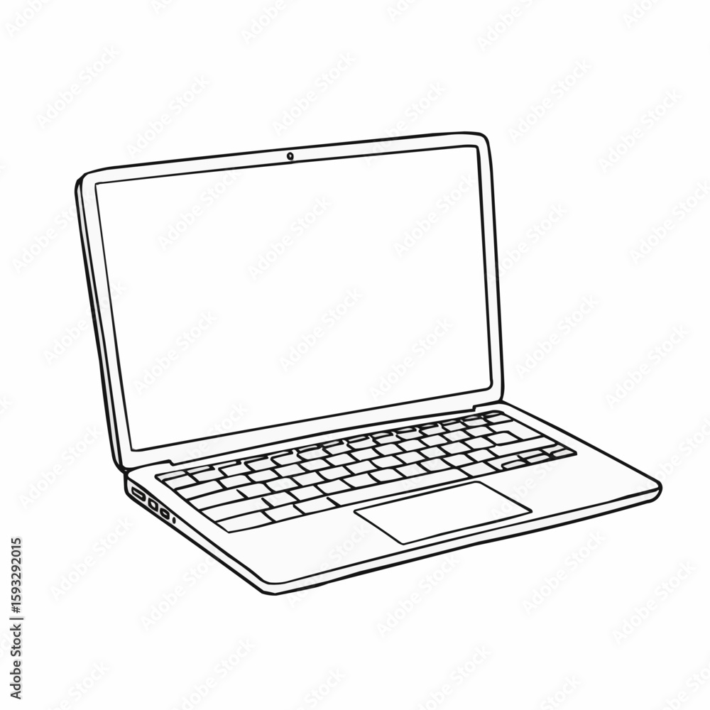 Poster outline of a laptop in sketch style with empty screen for icon