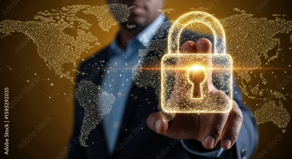 Poster man pointing at a glowing golden digital padlock icon superimposed on a world map