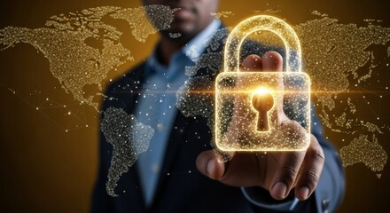 Man pointing at a glowing golden digital padlock icon superimposed on a world map