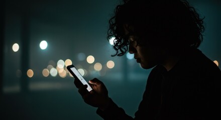 Obraz premium Silhouette figure illuminated by cell phone light in urban nightscape setting