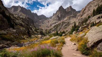 Rocky mountain path winding uphill with jagged peaks visible in background