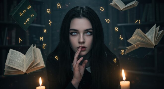 Enigmatic sorceress surrounded by floating spellbooks and ancient symbols casting a mystic hush